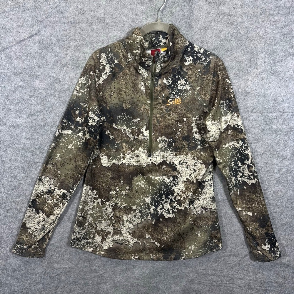 SHE Outdoor Pullover Womens Sz M Brown Camo 1/4 Zip Stretch Hunting Hiking